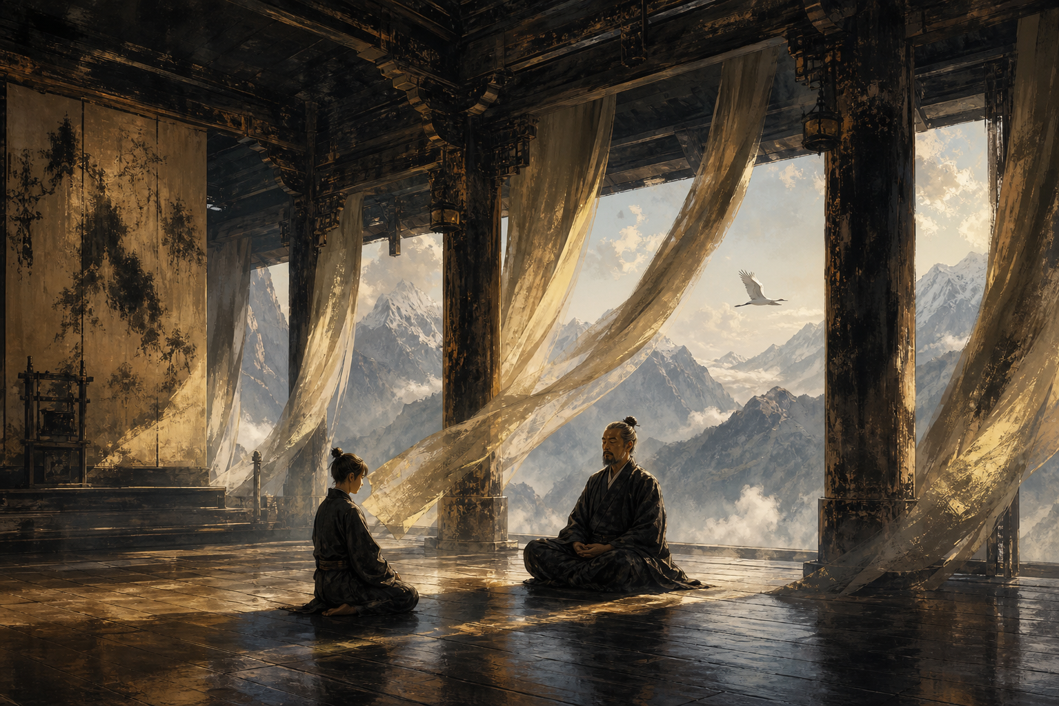A mentor and student sit facing each other in an ancient open hall, a crane flying over distant mountains behind them